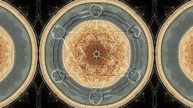 An ornate, antique-gold fractal mandala centered on an elemental Metatron&rsquo;s Cube with concentric rings. This seamless 4K60 loop suits VJ sets, projection mapping, meditation, and premium stage visuals