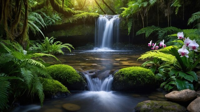 Serene waterfall cascading into a tranquil pool surrounded by lush greenery and vibrant orchids - Powered by Adobe