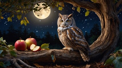 Majestic owl perched on a tree branch under a full moon, surrounded by apples in a serene night scene