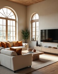 Modern living room featuring arched windows, blend modern rustic design. Sofa, TV, table, potted plants. Interior with neutral color, bright natural light, wooden decor, minimalist decor. Stylish