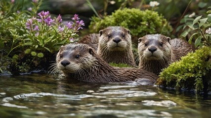 Fototapeta premium Three playful otters emerging from a serene pond surrounded by vibrant flowers and lush greenery