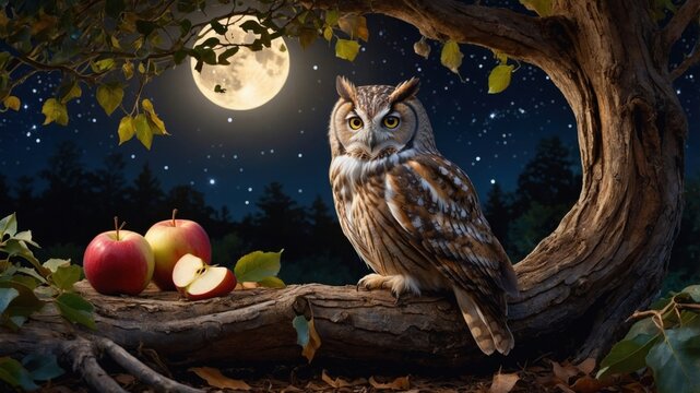 Majestic owl perched on a tree branch under a full moon, surrounded by apples in a serene night scene