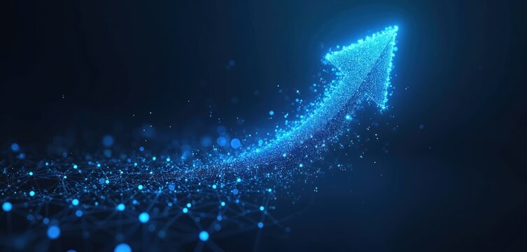 Digital glowing blue arrow points upward on dark backdrop, symbolizes growth, success and progress in technology. Futuristic design conveys innovation and advancement in IT, AI business solutions.