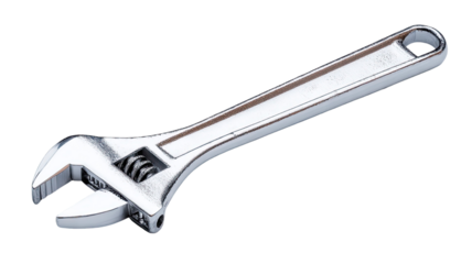 Shiny chrome adjustable wrench illustration with metallic surface, detailed hand tool artwork isolated on white background 