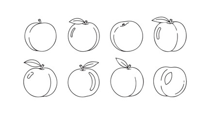 Collection of hand drawn plum and apricot fruit silhouettes with leaves