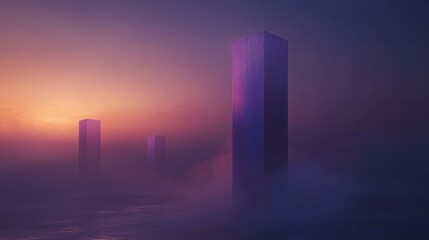 Fototapeta premium Misty sunrise, three tall, light-toned structures, surreal landscape