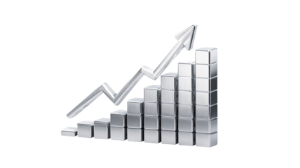 Shiny metallic silver bar chart illustration with glossy 3D columns, financial growth diagram isolated on white background 