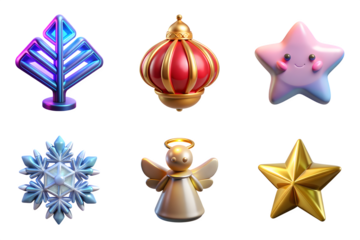 Collection of six festive christmas tree ornaments including a purple tree red lantern pink star snowflake angel and gold star isolated on transparent background