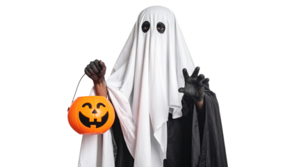 A spooky ghost character dressed in a white sheet holding a carved pumpkin. The scene is set for a fun Halloween night.