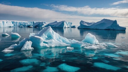 Serene Arctic Landscape Featuring Icebergs and Calm Waters Under a Clear Sky with Reflections