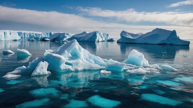Serene Arctic Landscape Featuring Icebergs and Calm Waters Under a Clear Sky with Reflections