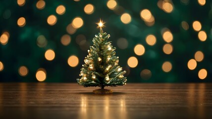 Mini Christmas Tree with Warm Bokeh Lights on Green