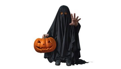 A child in a ghost costume holding a carved pumpkin, ready for Halloween night. The child is extending a hand as if to invite others in for spooky fun. 