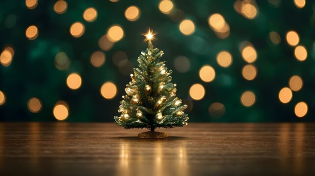 Mini Christmas Tree with Warm Bokeh Lights on Green
