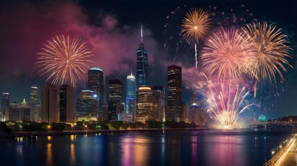 Nighttime Cityscape with Bridge and Fireworks