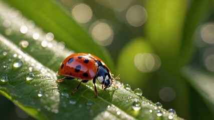 Fototapeta premium Close-up of a ladybug perched on a green leaf with dew drops, surrounded by a blurred natural background