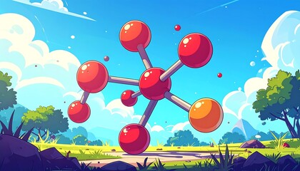 Stylized, vibrant illustration features a molecule structure with red and orange spheres connected by rods. The background shows nature with a blue sky
