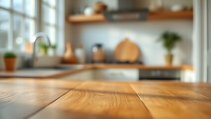 Close-up of a wooden table with soft bokeh in the background, evoking a warm and simple aesthetic.