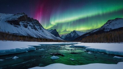 Stunning northern lights illuminate the snowy mountains and river under a starry night sky