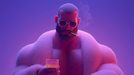 Muscular man sits confidently holding a glass with drink and cigar. Vibrant purple lighting creates an atmospheric vibe. Concept of nightlife, luxury, entertainment
