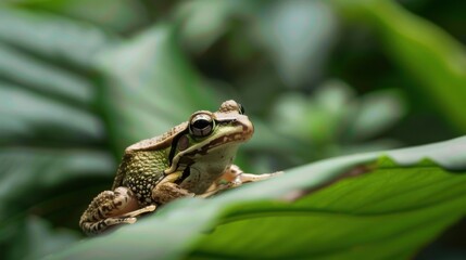 Fototapeta premium Nature’s Small Wildlife: Colorful Frogs/Toads, Leaf-Grass Backdrops & Macro Eye Closeups