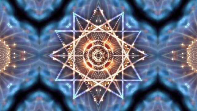 A luminous fractal loop built around a radiant star geometry mandala, with halos and golden energy. Seamless 4K60 perfect for VJ sets, projection mapping, meditation visuals, and high-end content.