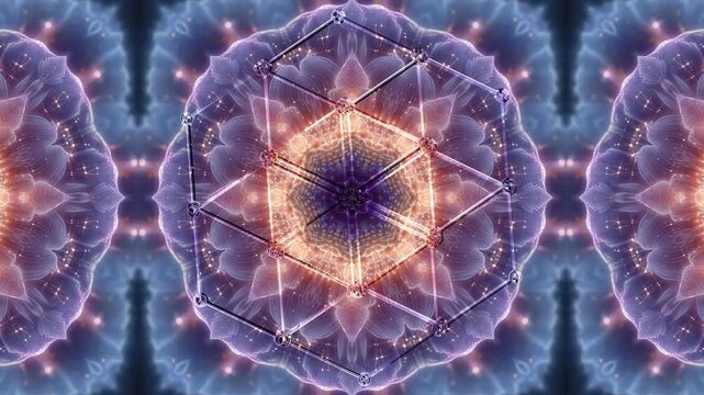 A luminous fractal mandala featuring a hexagonal lattice sacred geometry glyph. This seamless 4K60 loop features star-like energy bursts - is perfect for meditation visuals, VJ sets, and stage design.