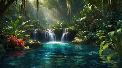 Serene tropical rainforest with a tranquil waterfall surrounded by lush greenery and vibrant flora