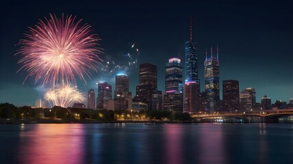 Fireworks Over Modern City Skyline at Night
