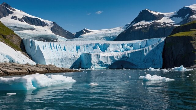 Majestic glacier calving into serene blue waters, surrounded by towering mountains under a clear sky