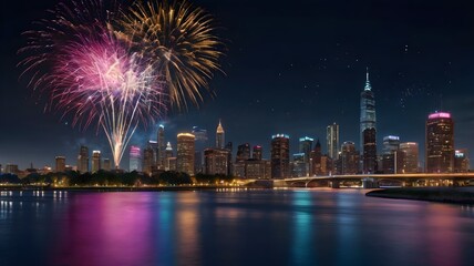 Skyline Reflections on Water with Fireworks