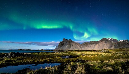 Breathtaking view of the Aurora Borealis dancing across the night sky above a rugged coastal mountain range and serene waters