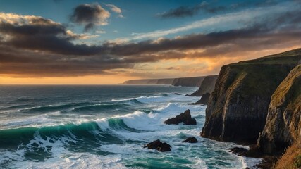 Majestic coastal sunset over crashing waves, highlighting rugged cliffs and dramatic sky