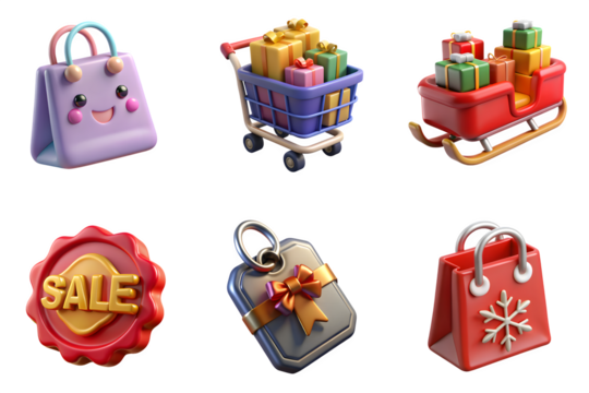 Collection of six festive holiday shopping icons including a cute gift bag shopping cart sleigh sale tag gift tag and shopping bag isolated on transparent background