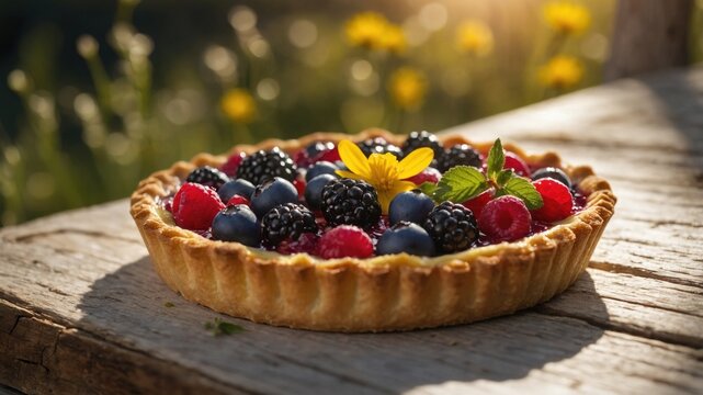 Freshly baked berry tart with raspberries, blackberries, and blueberries on a rustic wooden table outdoors