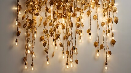 Cascading Fairy Lights with Golden Leaves, Vertical Decor