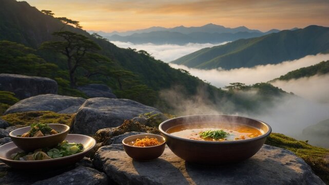 Scenic mountain view with steaming bowls of soup and side dishes on rocky terrain at sunset