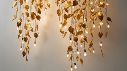 Hanging Gold Leaf String Lights on Neutral Wall