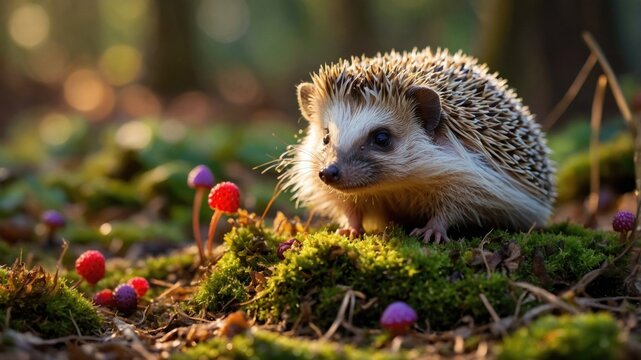 A hedgehog foraging among colorful mushrooms in a lush forest during golden hour, showcasing nature's beauty