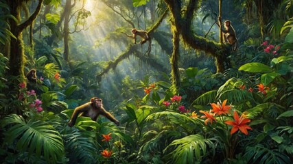 Vibrant jungle scene with monkeys interacting among lush greenery and colorful flowers under sunlight © Rahmi