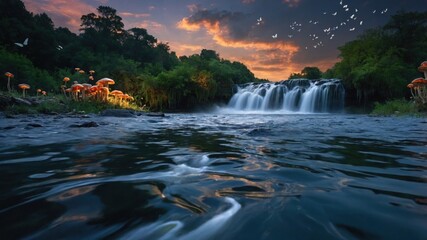 Serene waterfall cascading into a tranquil river surrounded by lush greenery and vibrant flowers at sunset
