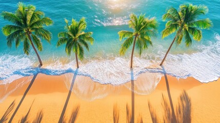 Obraz premium Aerial view of a tropical beach with palm trees. Ocean waves gently lap on the golden sand. Sunlight filters through the atmosphere