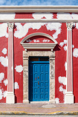 Colonial style facade architecture in restauration, Campeche city, Mexico.