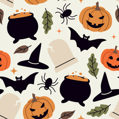 seamless Halloween pattern with Jack o lanterns, bats, spiders, witch hat, cauldron, autumn leaves; perfect for wrapping, greeting cards, decorations, and digital backgrounds - vector illustration
