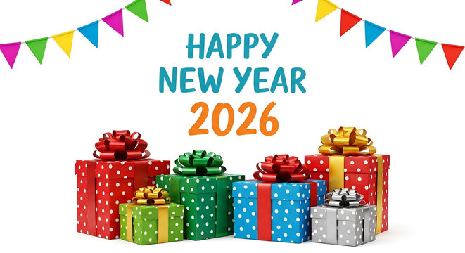 Colorful New Year 2026 gift boxes with festive decorations full hd 4k stock image download happy