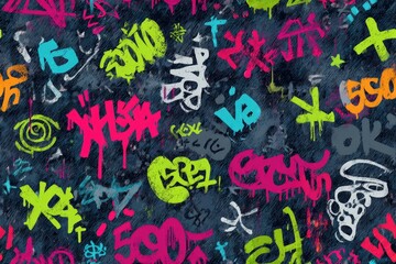 Fabric texture seamless pattern background Miniature Urban Graffiti Tiny spray-paint tags and cartoon street art on denim or canvas edgy yet kid-friendly