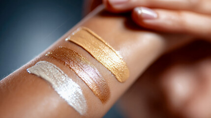 Close-up of diverse foundation swatches in golden, bronze, and nude tones on skin