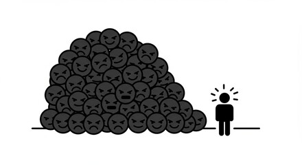 Lone innovator with bright idea stands apart from negative crowd