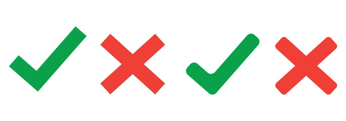 Green check mark, red cross mark icon set. Vector illustration.