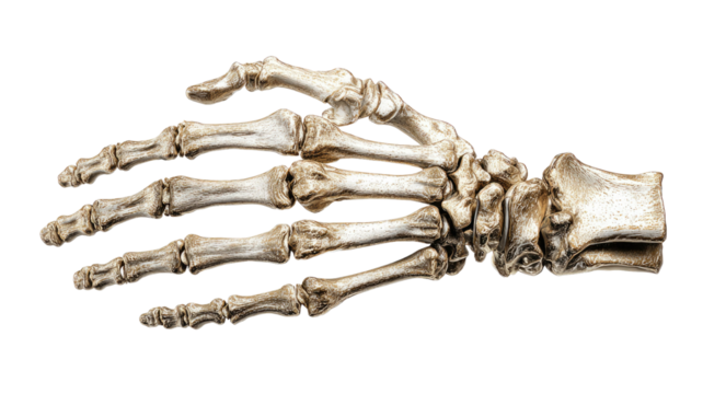 Realistic skeleton hand with detailed bone structure creating an anatomical human body part illustration isolated on white background

